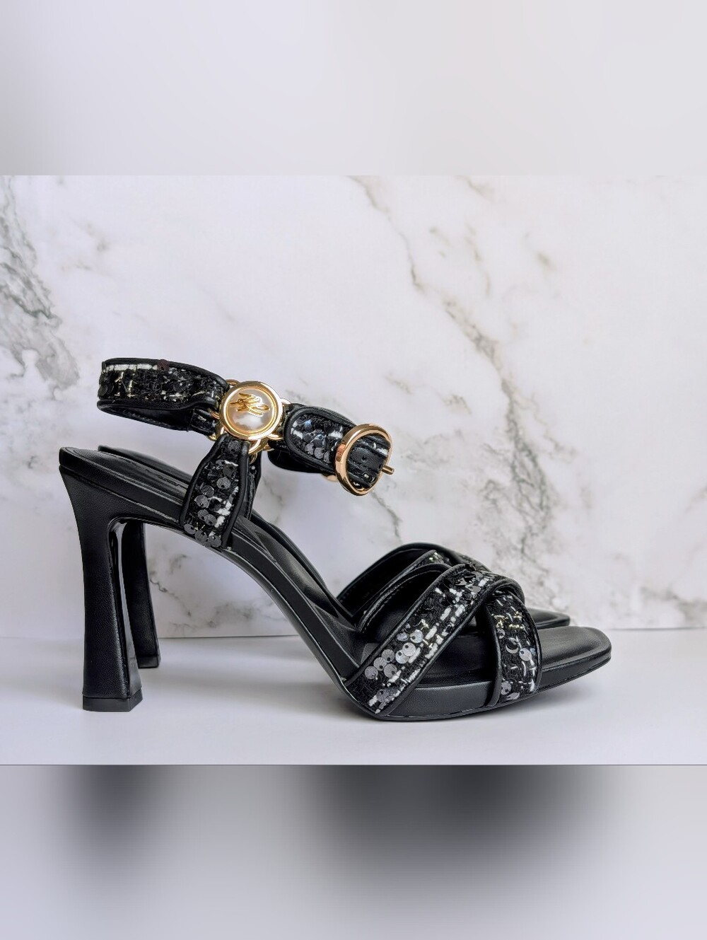 Karl Lagerfeld Paris Sequin Ankle Strap Heels NIB Size 8 Black W/ Gold